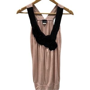 DAY TRIP Blush & Black Tank Top Rosette Neckline Rouching Large